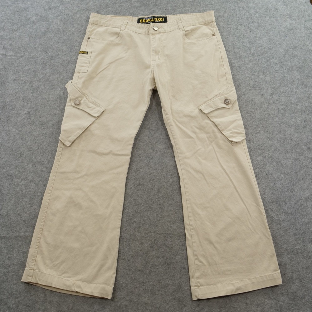 Vintage G-Star 3301 Mens Cargo Pants 36 Khaki Tan Utility Pocket Straight Y2K